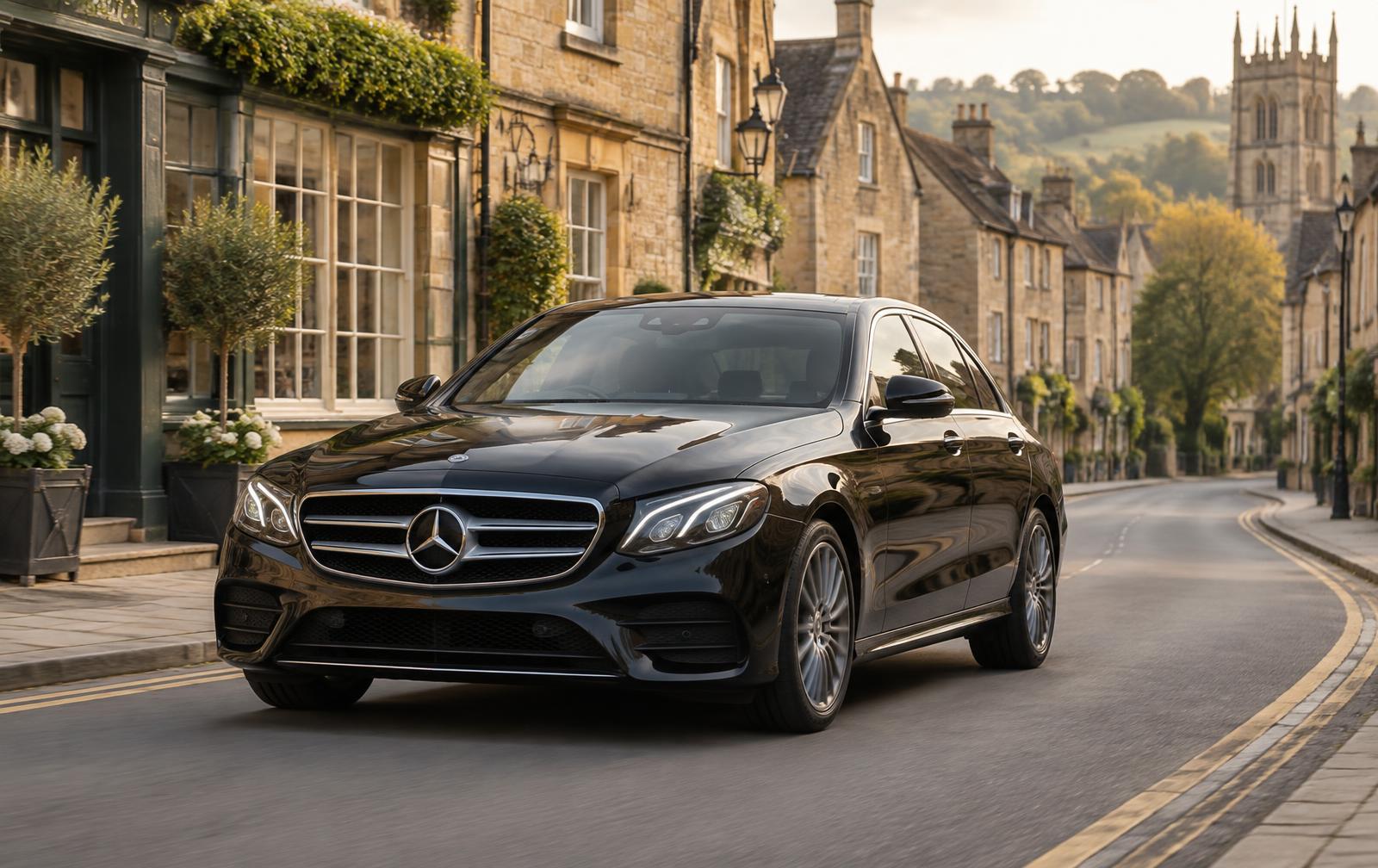 Black Mercedes-Benz E-Class on a stone-built town street in late-afternoon light
