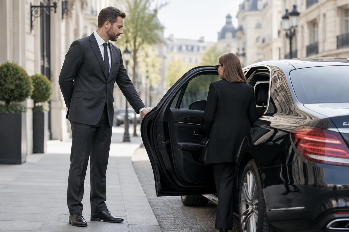 Chauffeur opening the rear door of an executive car