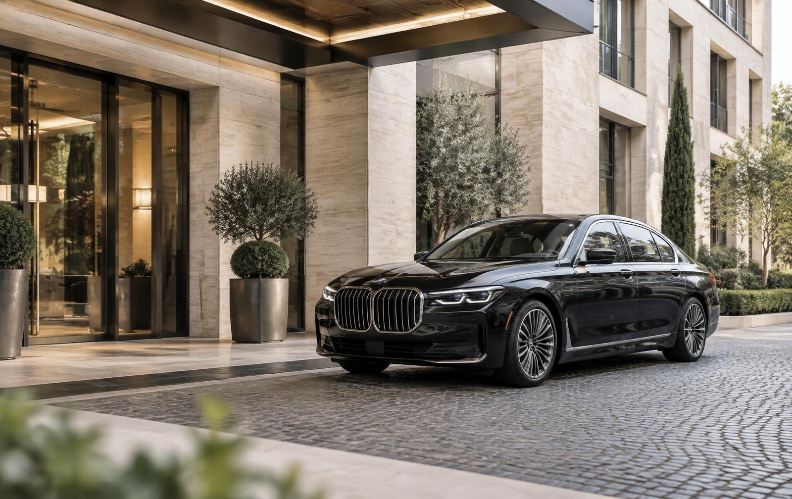 Black BMW 7 Series at a contemporary hotel entrance in daylight
